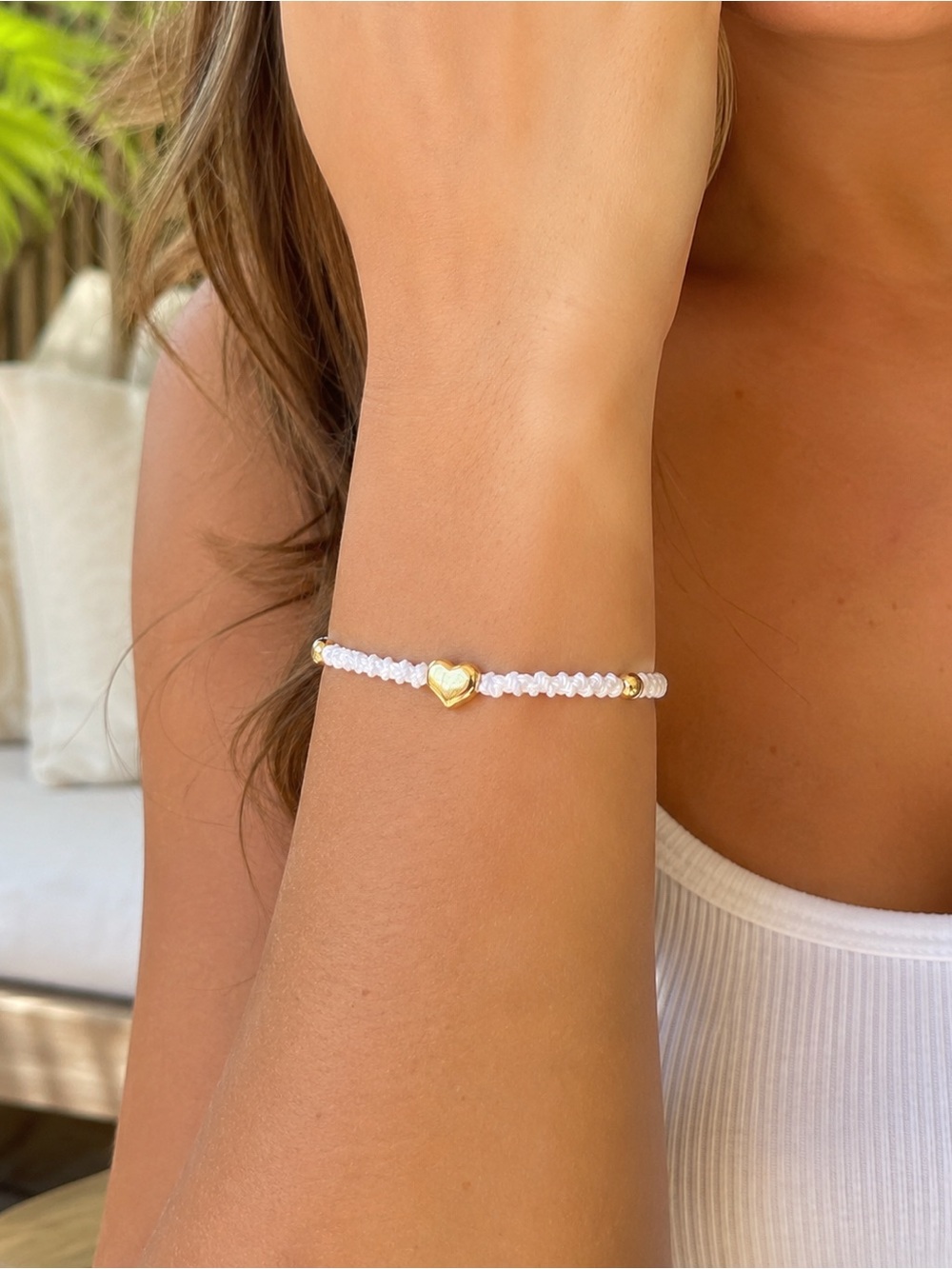 Handmade White Macrame Stainless Steel Puffed Heart Adjustable Bracelet Classic